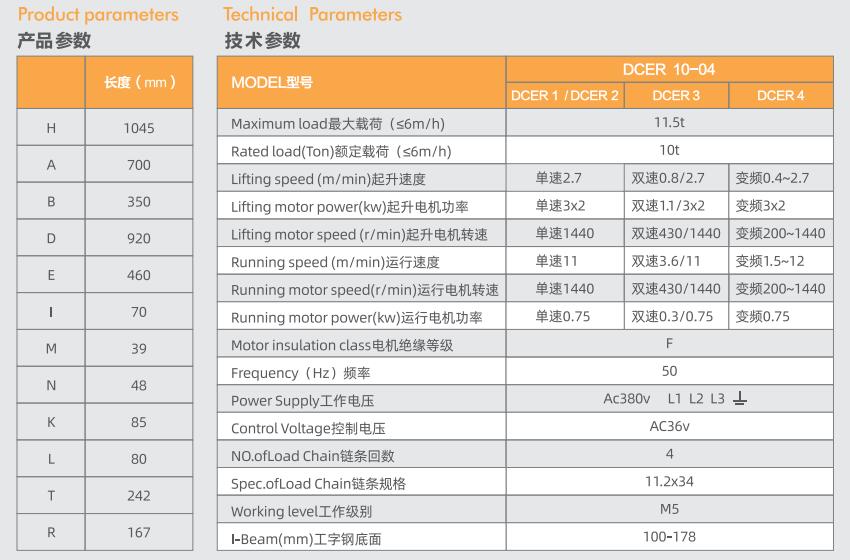 10 ton electric chain hoist with trolley product technical parameters
