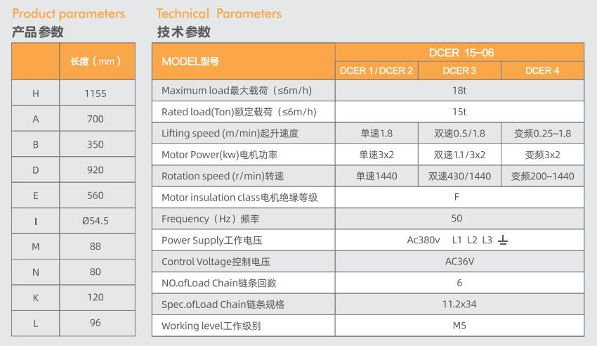 15 ton electric chain hoist product technical parameters